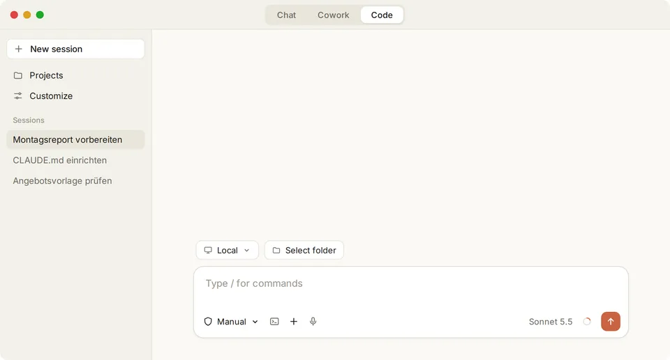 Claude-Desktop-App im Tab Code: oben die Tabs Chat, Cowork und Code, links die Sitzungen, unten das Eingabefeld mit Local, Select folder und dem Modus Manual