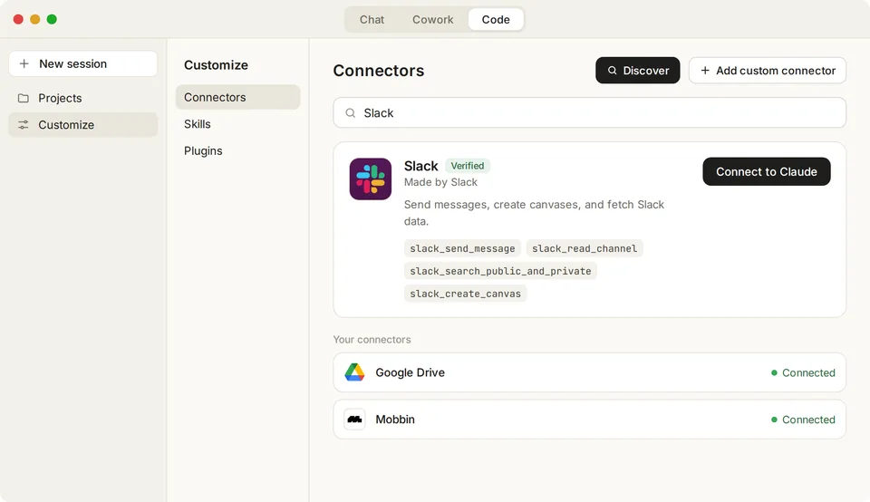 Claude-Desktop-App, Customize, Connectors: Suche nach Slack, Eintrag mit Verified und Connect to Claude, darunter Google Drive und Mobbin als verbunden