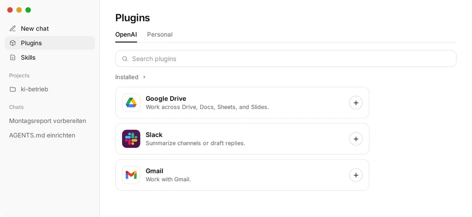 ChatGPT-Desktop-App, Plugins: Reiter OpenAI und Personal, Suchfeld, darunter Google Drive, Slack und Gmail mit Plus-Buttons