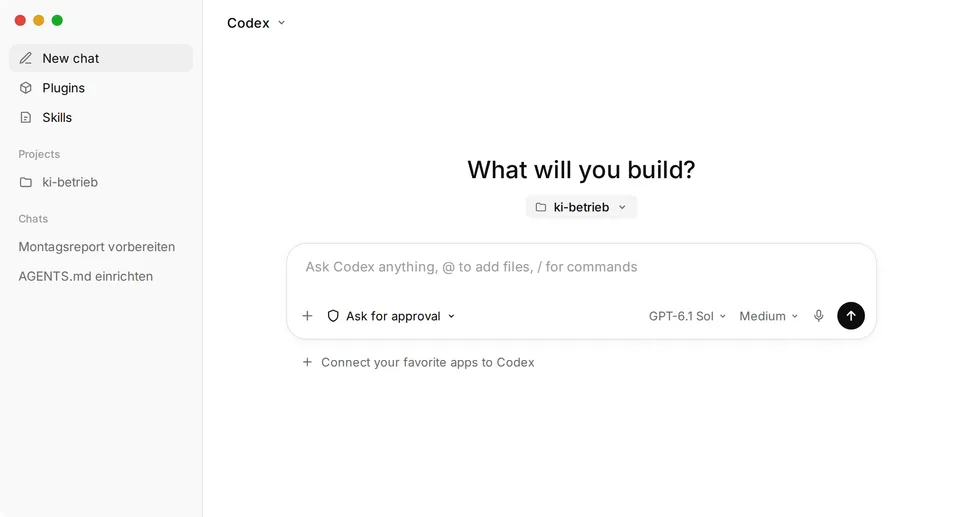 ChatGPT-Desktop-App mit Codex: Überschrift What will you build, darunter der Ordner ki-betrieb, das Eingabefeld und die Berechtigung Ask for approval