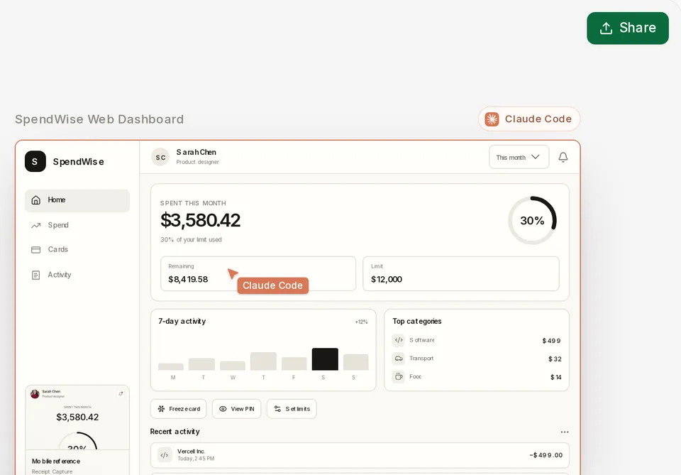 MagicPath-Canvas: Claude Code baut ein Dashboard direkt auf dem Canvas, oben rechts der Share-Button