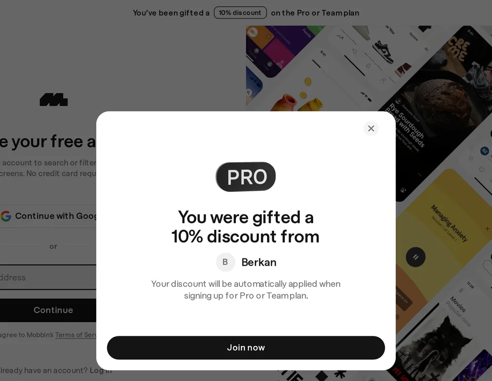 Mobbin-Seite nach Klick auf Berkans Empfehlungslink: Dialog You were gifted a 10% discount from Berkan